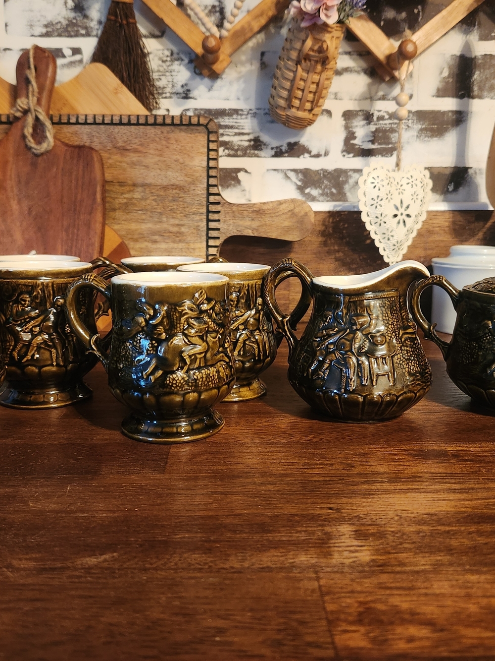 Vintage-Style Handmade Pottery - Mugs And Creamer Set